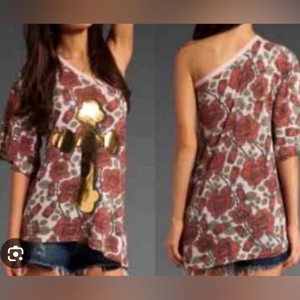 Wildfox Roses One Sleeve Top Gold Cross on Front size Medium